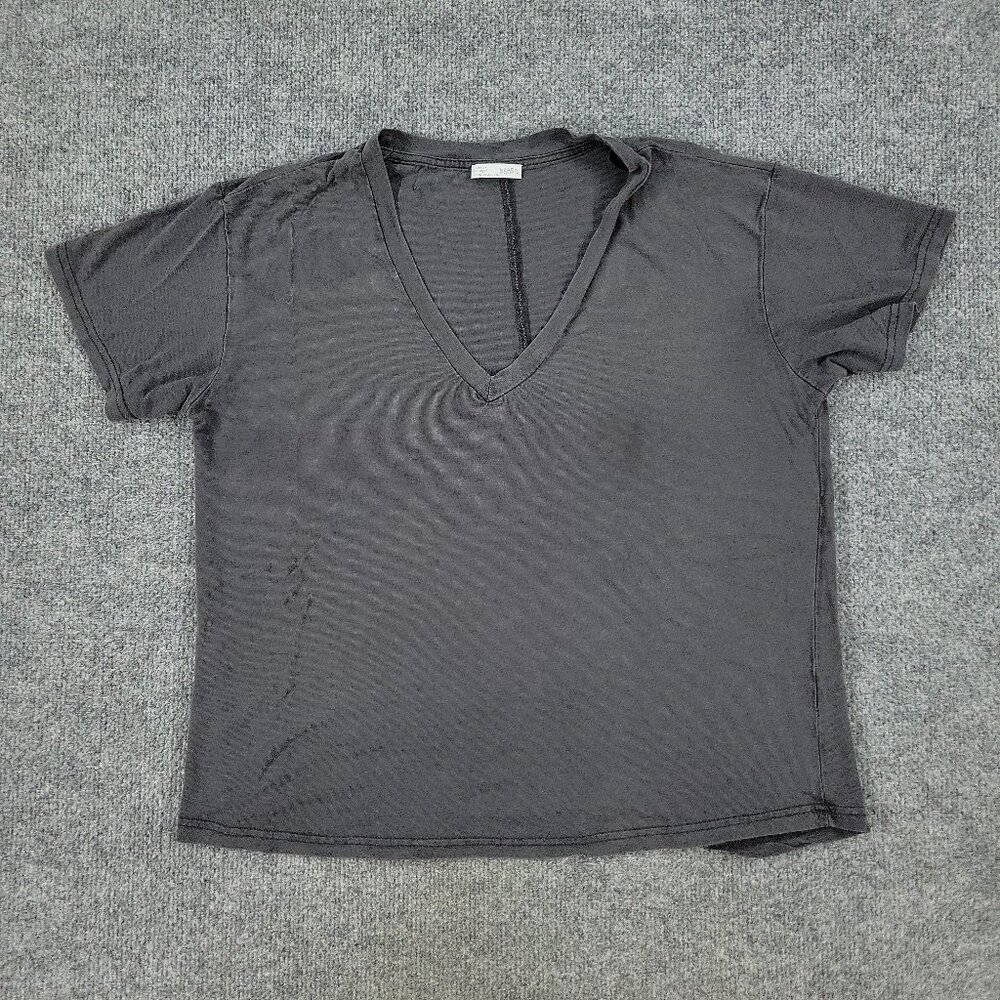 Zara Shirt Women's Small Gray V-Neck Short Sleeve Top Stretch Pullover Adult S